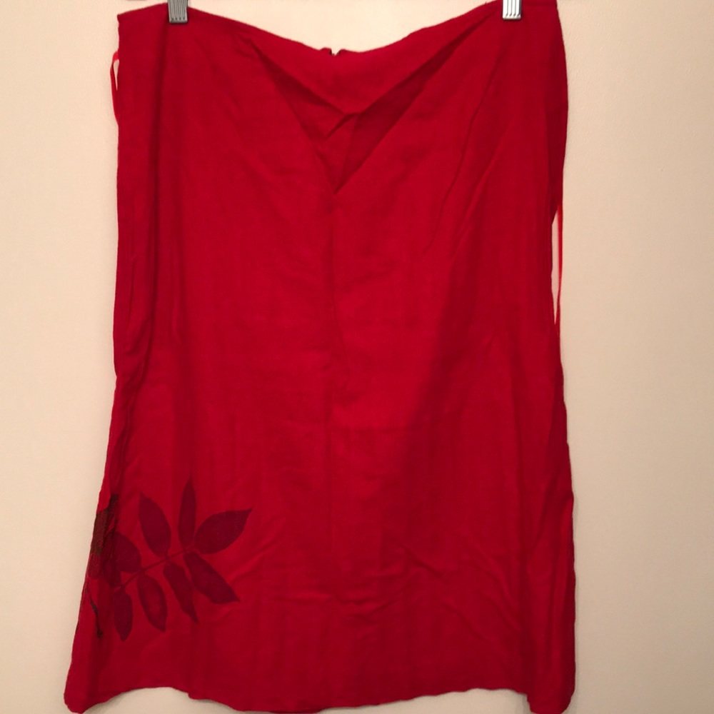 Red linen skirt with screen print leaves